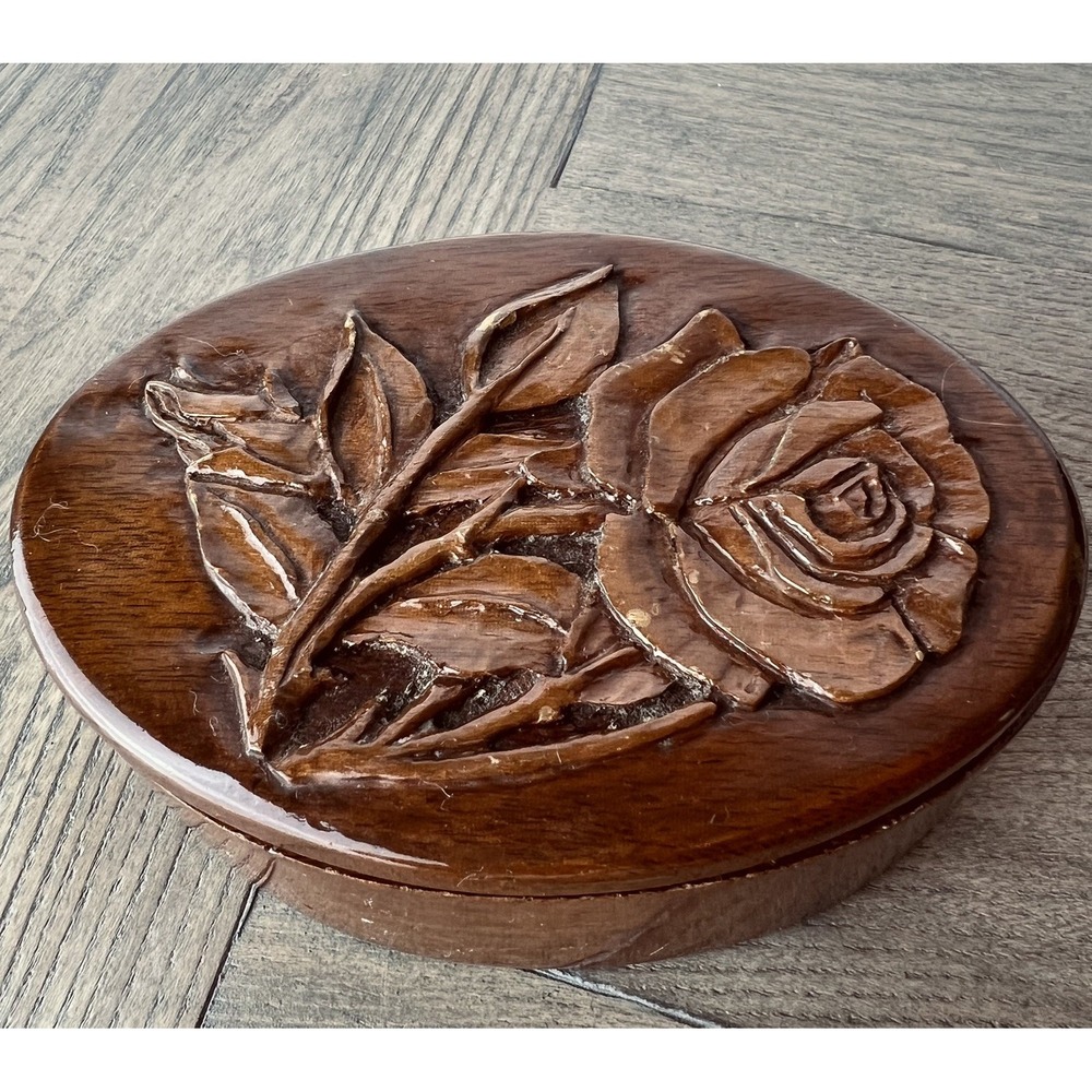 Vintage Hand Carved Wooden Floral Trinket Jewelry Keepsake Box Small 3 3/4"x5"